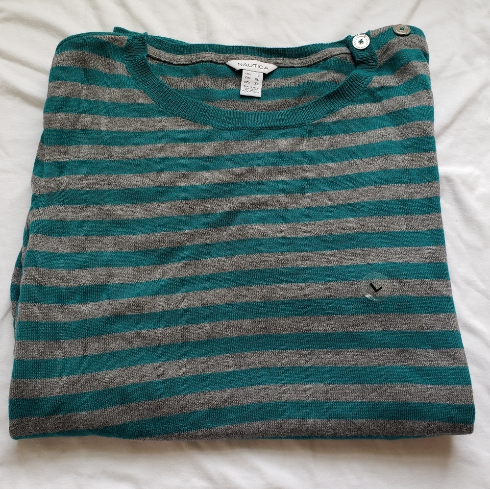 Nautica Striped Sweater Size Large, button detail